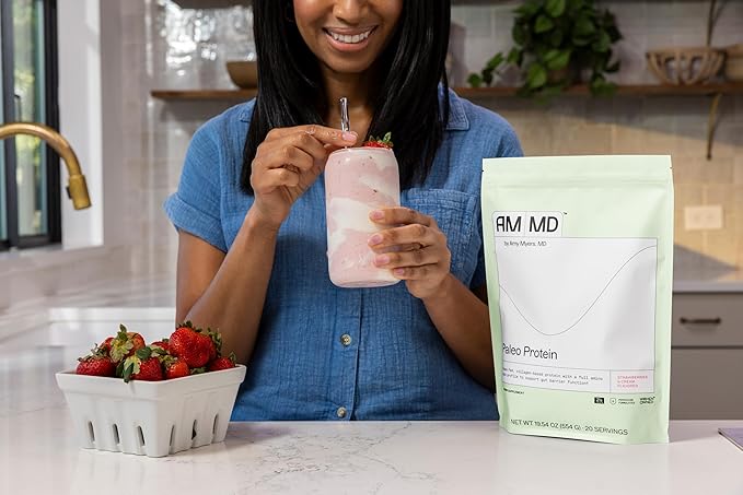 Amy Myers MD Paleo Protein Powder - Strawberries & Cream, 20 Servings - Collagen-Based Gut Function Support - Gluten-Free & Non-Dairy Protein Supplement