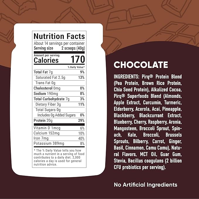 Pirq Dairy Free Protein Powder with 20g Protein, Plant Based, 2B CFU Probiotics, 25 Superfoods Greens and Fruits, Vegan, 0g Sugar (14 Servings) (Chocolate)