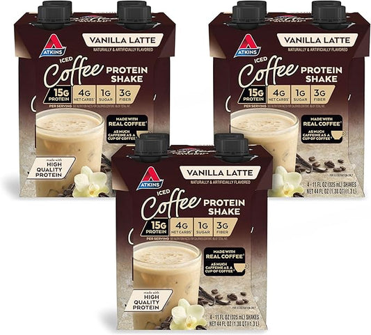 Atkins Iced Coffee Vanilla Latte Protein Shake, 15g Protein, Low Glycemic, 4g Net Carb, 1g Sugar, Keto Friendly, 12 packs of 11 fl Oz