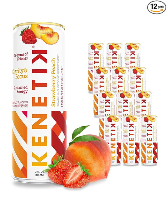 KENETIK Nootropic Ketone Drink, Ketones for Energy & Focus, Caffeine & Sugar Free, High Performance D-BHB Ketone Mix, Fuel w/Zero Crash or Jitters, Ready to Drink - Strawberry Peach 12 Pk