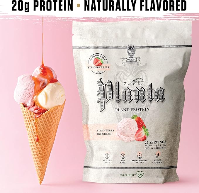 Ambrosia Planta - Premium Organic Plant-Based Protein | Vegan & Keto Friendly | Gourmet Flavors | No Bloating or Stomach Upset | Gluten & Soy Free | No Added Sugar | 25 Servings | Strawberry Ice Cream