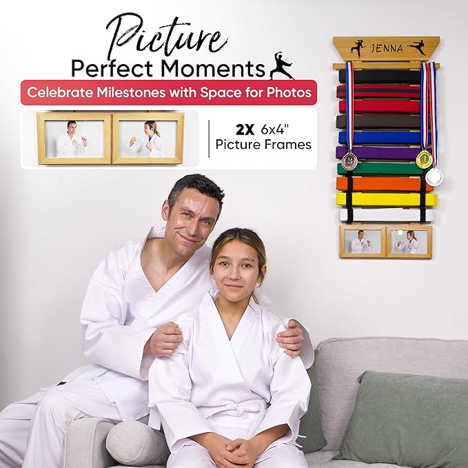 Karate Belt Display Rack - Bamboo 10 Taekwondo Belt Display with Customization Stickers, 2 Picture Frames, Self-Adhesive Adjustable Strips & Hanging Kit Taekwondo Gifts