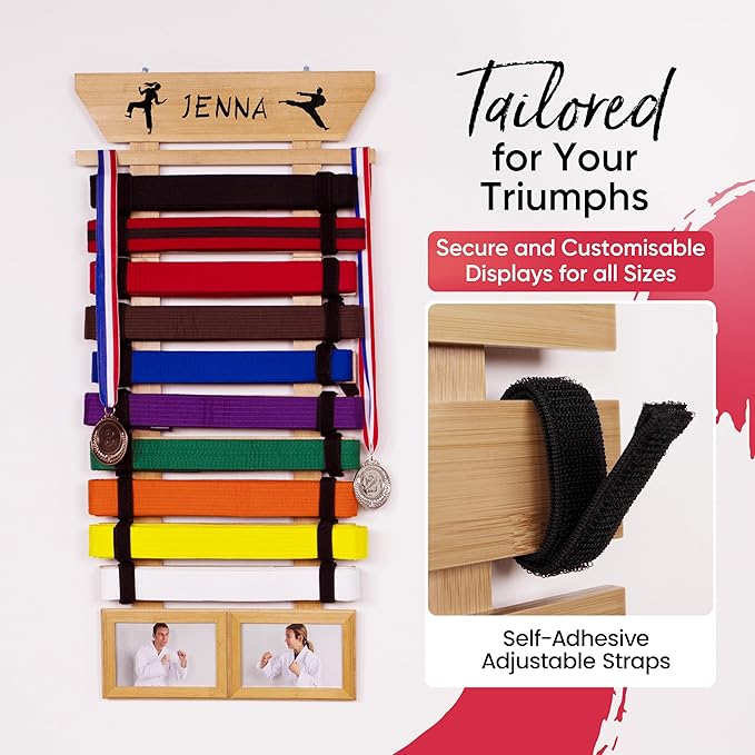 Karate Belt Display Rack - Bamboo 10 Taekwondo Belt Display with Customization Stickers, 2 Picture Frames, Self-Adhesive Adjustable Strips & Hanging Kit Taekwondo Gifts