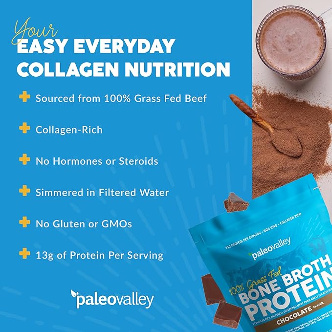 Paleovalley 100% Grass Fed Bone Broth Protein Powder - Chocolate - Rich in Collagen for Hair, Skin, Gut Health, Bone and Joint Support - 28 Servings