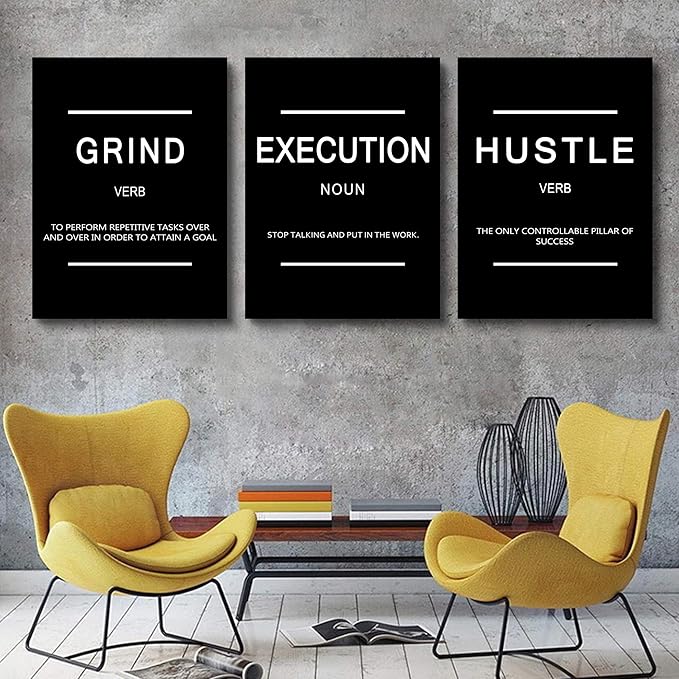 Framed Canvas Wall Art Success Quote, Office Wall Art, Black Large Poster, Positive Motivational Set of 3 Prints, Execute Failure Definition, Inspirational Print (B-3pcs,24x36inchx3pcs)