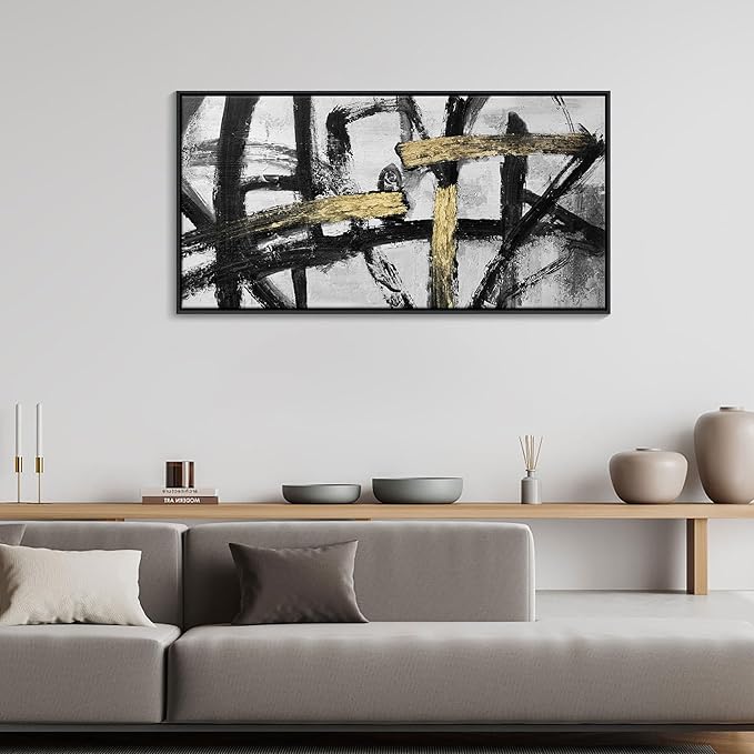 CHATYOUNG Wall Art Modern Abstract Paintings - Large Golden Thread Canvas Prints Black White and Gold Interweaving Wall Pictures Prefer for Bedroom Living Room Office Decor,Framed, 29 x 58 In