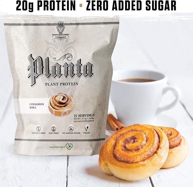 Ambrosia Planta - Premium Organic Plant-Based Protein | Vegan & Keto Friendly | Gourmet Flavors with No Bloating or Stomach Upset | Gluten & Soy Free | No Added Sugar | 25 Servings | Cinnamon Roll