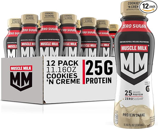 Muscle Milk Genuine Protein Shake, Cookies and Creme, 11.16 Fl Oz Bottle, 12 Pack, 25g Protein, Zero Sugar, Calcium, Vitamins A, C & D, 4g Fiber, Energizing Snack, Workout Recovery, Packaging May Vary