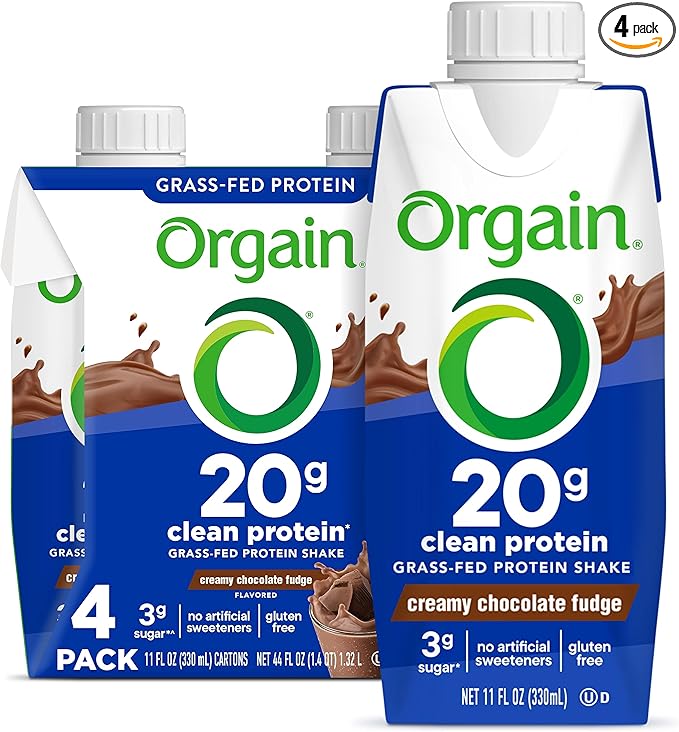 Orgain Clean Protein Shake, Grass Fed Dairy, Creamy Chocolate Fudge - 20g Whey High Protein, Kosher, Ready to Drink, Low Net Carbs, Gluten Free, No Soy Ingredients, 11 Fl Oz (Pack of 4)