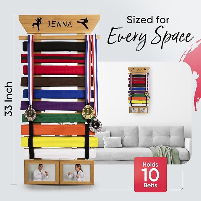Karate Belt Display Rack - Bamboo 10 Taekwondo Belt Display with Customization Stickers, 2 Picture Frames, Self-Adhesive Adjustable Strips & Hanging Kit Taekwondo Gifts