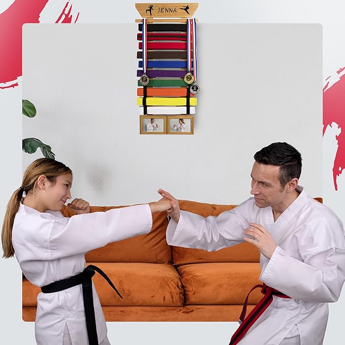 Karate Belt Display Rack - Bamboo 10 Taekwondo Belt Display with Customization Stickers, 2 Picture Frames, Self-Adhesive Adjustable Strips & Hanging Kit Taekwondo Gifts