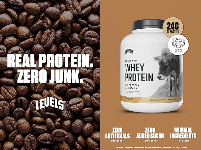 Levels Grass Fed Whey Protein Powder, No Artificials, 24G of Protein, Cappuccino, 5LB