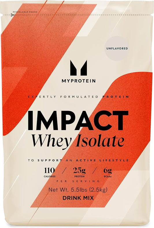 Myprotein Impact Whey Protein Isolate, 5.5 Lbs (81 Servings) Unflavored, 25g Protein, 3.5g Glutamine & 6g BCAA Per Serving