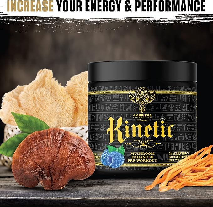 Ambrosia Kinetic Organic Preworkout, Mushroom Enhanced Natural Pre Workout Supplement, Nootropic Superfood Powder for Energy (Blue Raspberry)
