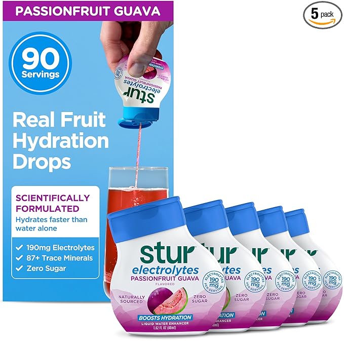 Stur Electrolyte Water Enhancer | Sweetened with Stevia | High in Vitamin C & Antioxidants | Sugar Free | Zero Calories | Keto | Vegan | 5 Bottles, Makes 90 Drinks (Passionfruit Guava)