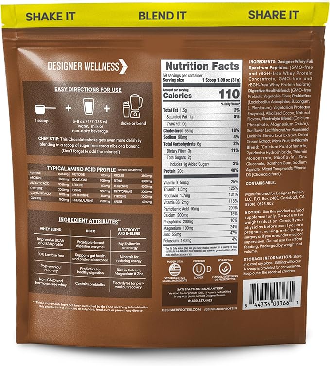 Designer Wellness, Designer Whey, Natural Whey Protein Powder with Probiotics, Fiber, and Key B-Vitamins for Energy, Gluten-Free, Gourmet Chocolate 4 lb