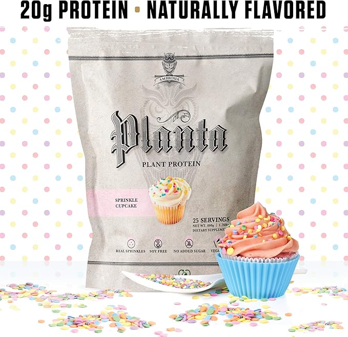Ambrosia Planta - Premium Organic Plant-Based Protein | Vegan & Keto Friendly | Gourmet Flavors with No Bloating or Stomach Upset | Gluten & Soy Free | No Added Sugar | 25 Servings | Sprinkle Cupcake