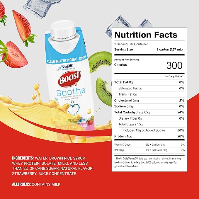 BOOST Soothe Clear Nutritional Drink – Cooling sensation - 300 Calories - 10 g Protein from Whey Protein Isolate - Hint of Strawberry Kiwi Flavor - 8 fl oz (Pack of 24)