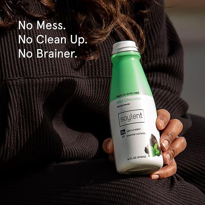 Soylent Mint Chocolate Meal Replacement Shake, Ready-to-Drink Plant Based Protein Drink, Contains 20g Complete Vegan Protein and 1g Sugar, 14oz, 12 Pack
