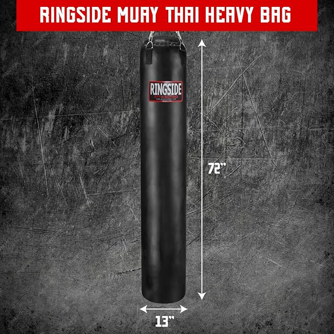 Ringside 100-Pound Muay Thai Heavy Bag, Sturdy Powerhide Punching Bag for Boxing, MMA, Muay Thai, and Kickboxing Training and Workout, Includes Chain and Swivel, Black, 72" H x 13" Dia.