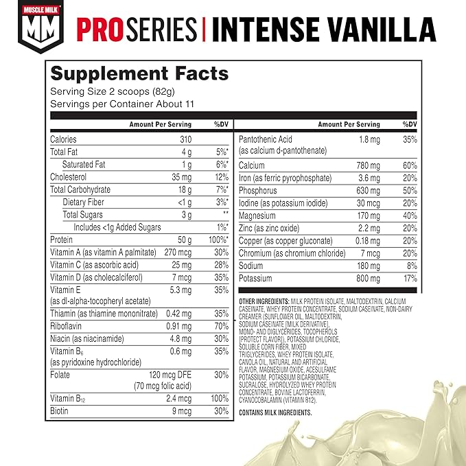 Muscle Milk Pro Series Protein Powder Supplement, Intense Vanilla, 2 Pound, 11 Servings, 50g Protein, 3g Sugar, 20 Vitamins & Minerals, NSF Certified for Sport, Workout Recovery, Packaging May Vary