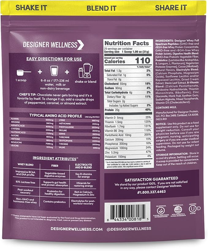 Designer Wellness, Designer Whey, Natural Whey Protein Powder with Probiotics, Fiber, and Key B-Vitamins for Energy, Gluten-Free & Kosher, Double Chocolate, 2 lb