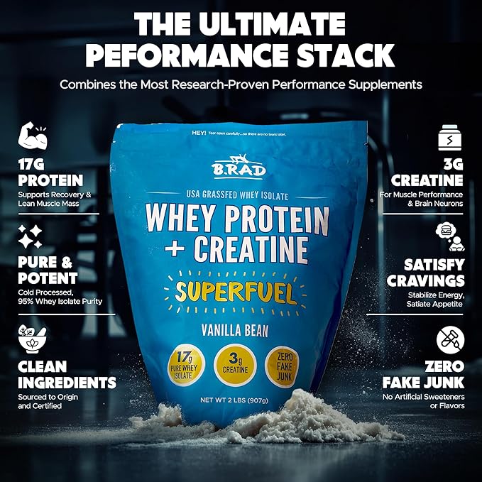 B.rad Superfuel - Grass Fed Whey Protein Isolate Boosted with Creatine | Ultra-Pure, All-Natural Clean Ingredients | 2 Pounds | 100% USA Sourced | Vanilla Bean