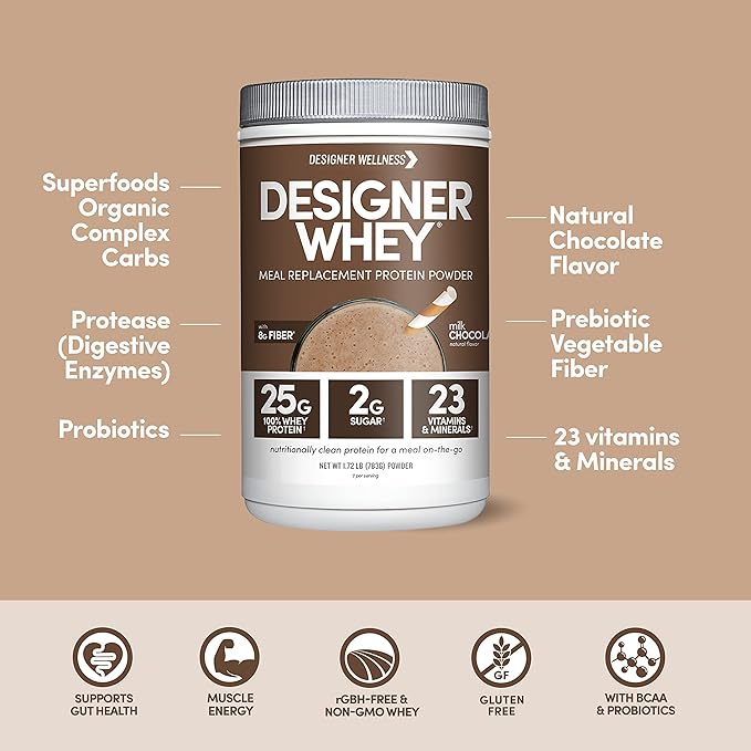 Designer Wellness, Designer Whey Protein Meal Replacement Powder, Organic Superfood Complex Carbs, Vitamins, Minerals, Gluten-Free, Milk Chocolate, 1.72 Pound