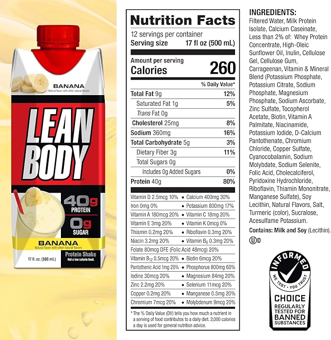 Lean Body Ready-to-Drink Banana Protein Shake, 40g Protein, Whey Blend, 0 Sugar, Gluten Free, 22 Vitamins & Minerals, 17 Ounce (Recyclable Carton & Lid - Pack of 12) LABRADA