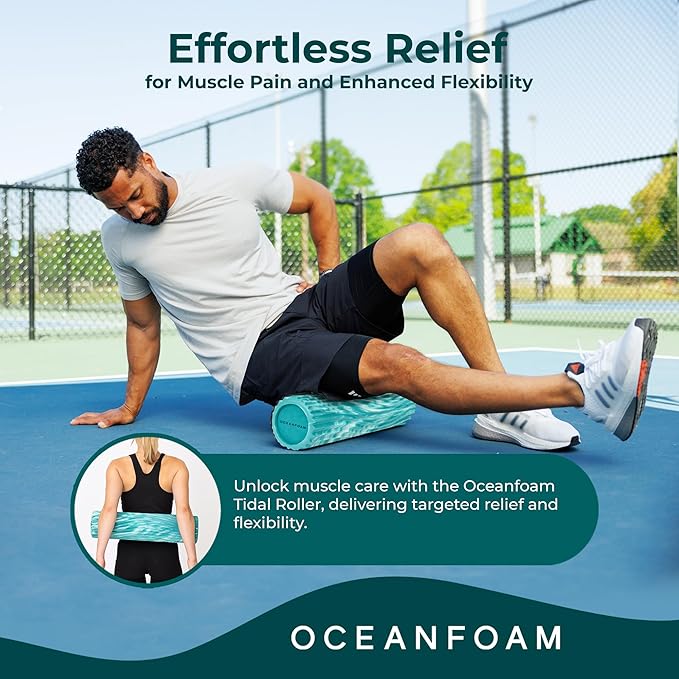 Oceanfoam Tidal Roller - Jade & Seafoam Marbled - Muscle Massage Foam Roller for Back Pain & Stretching - Firm and Ergonomic Wide Wave Textured - Yoga, Athletics, & Wellness - Full Size, 20" x 5"
