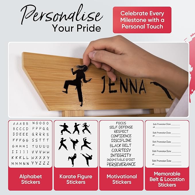 Karate Belt Display Rack - Bamboo 10 Taekwondo Belt Display with Customization Stickers, 2 Picture Frames, Self-Adhesive Adjustable Strips & Hanging Kit Taekwondo Gifts