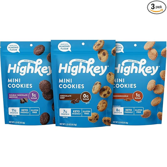 HighKey Cookies Variety Pack - 6.75oz Low Carb No Added Sugar 3-Pack Chocolate Chip Cookie, Snickerdoodle, Brownie Bites Low Carb Gluten Free Diabetic Snack Diet Friendly Food Sweets