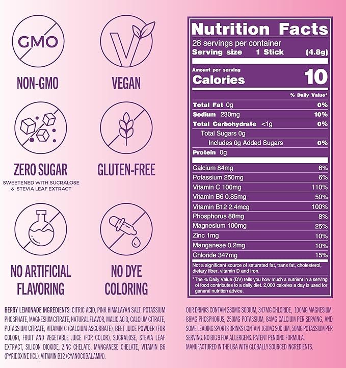 TREVI™ Sugar Free Electrolytes - Drink Mix Hydration Powder Packets - 28 Count - Berry Lemonade