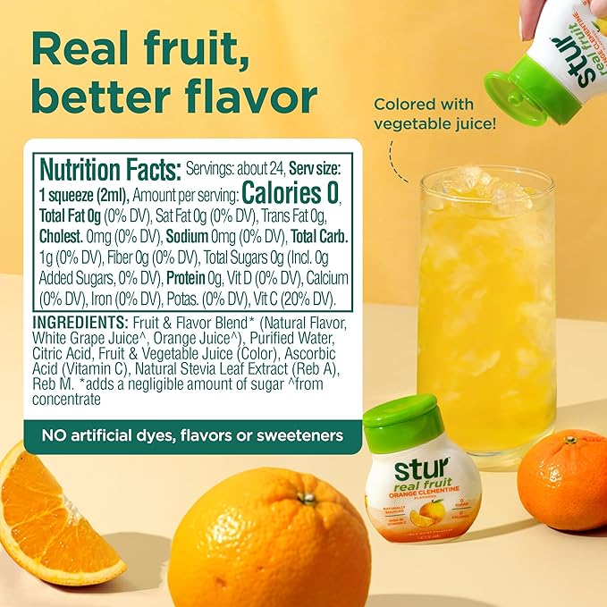 Stur Liquid Water Enhancer | Orange Clementine | Sweetened with Stevia | High in Vitamin C & Antioxidants | Sugar Free | Zero Calories | Keto | Vegan | 5 Bottles, Makes 120 Drinks