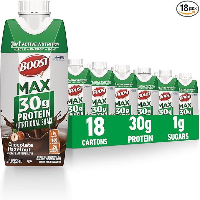 BOOST MAX Protein Shakes Ready to Drink - 30g High Protein Shake - Hazelnut | Nutritional Drinks to Support Muscle Recovery After Exercise, 26 Vitamins & Minerals, 1g Sugar, 11 fl oz (Pack of 18)