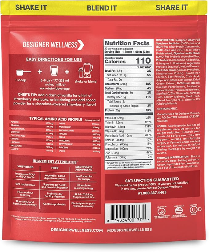 Designer Wellness, Designer Whey, Natural Whey Protein Powder with Probiotics, Fiber, and Key B-Vitamins for Energy, Gluten-Free, Summer Strawberry, 2 lb
