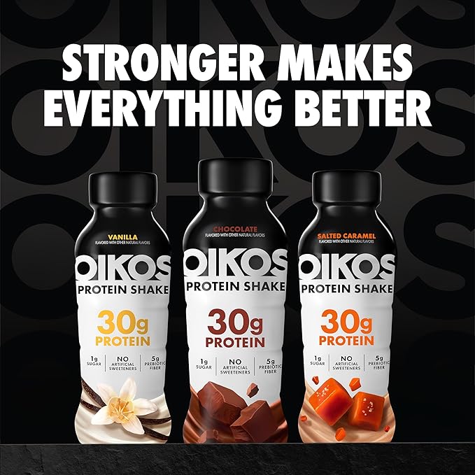 Oikos Protein Shake, Exclusive Variety Pack, 30g High Protein Drinks, Shelf Stable, Ready to Drink, 5g Prebiotic Fiber, 12 fl oz Bottle (4 ct Chocolate, 4 ct Vanilla, 4 ct Salted Caramel)