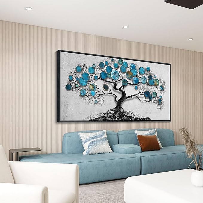 CHATYOUNG Canvas Wall Art Bedroom - Tenacious Tree of Life Blue and Gray Painting Modern Black Framed Artwork for Living Room Bedroom Dining Room Office Home Decor 48"x24"