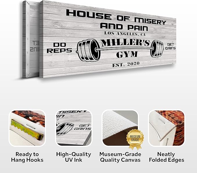 Tailored Canvases Personalized Gym Sign Wall Art Decor - Motivational Canvas for Home Gym, Workout Room, Garage, Fitness Center - Workout Inspirational Posters - House of Misery and Pain, White Wood 48x16in