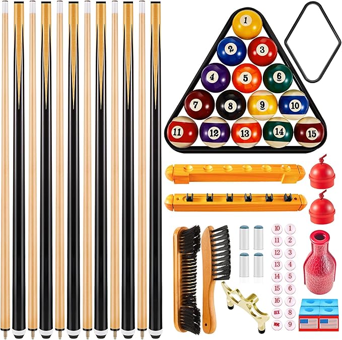 Jenaai 55 Pcs Pool Table Accessories 16 Pcs Billiard Balls 6 Set Pool Sticks Triangle Diamond Ball Holder Cue Chalks Cue Tip and Brush Set