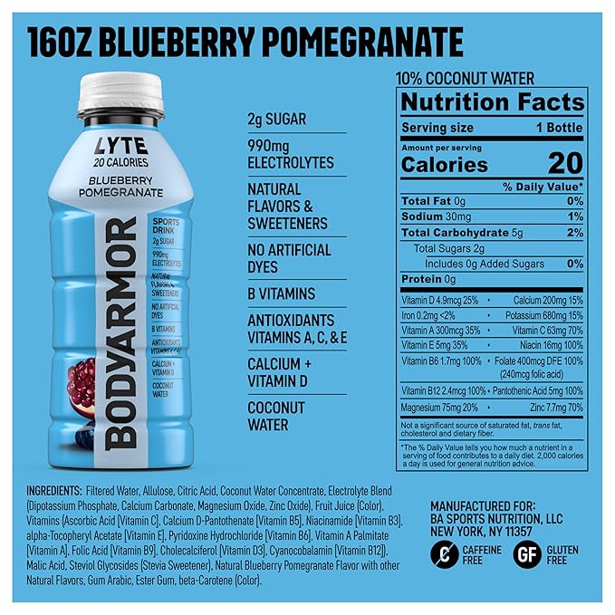 BODYARMOR LYTE Sports Drink Low-Calorie Sports Beverage, Blueberry Pomegranate, Coconut Water Hydration, Natural Flavors With Vitamins, Potassium-Packed Electrolytes, Perfect For Athletes, 16 Fl Oz (Pack of 12)