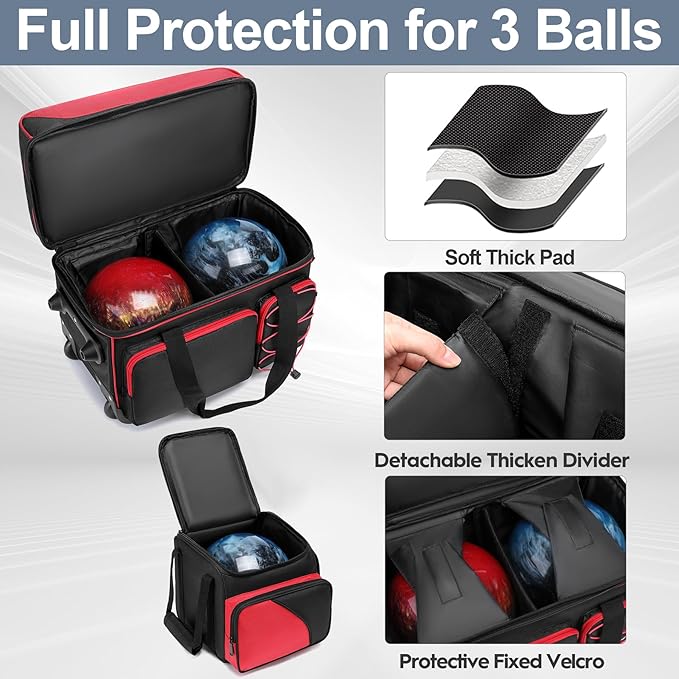 3 Ball Bowling Bag with Wheels, Bowling Bag 3 Ball Roller with Separate Shoe Compartment and Accessory Pocket, 2 Ball Roller Bag Plus Single Ball Tote