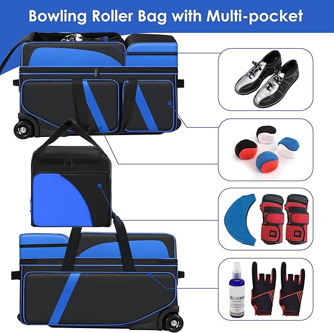 4 Ball Bowling Bag with Wheels, Bowling Bag 4 Ball Roller with Multi-pocket & Shoe Compartment & Retractable Handle, 3 Ball Roller Bag + 1 Ball Color Matching Add On Tote