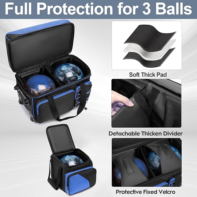 3 Ball Bowling Bag with Wheels, Bowling Bag 3 Ball Roller with Separate Shoe Compartment and Accessory Pocket, 2 Ball Roller Bag Plus Single Ball Tote