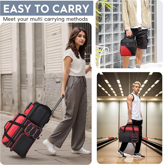 3 Ball Bowling Bag with Wheels, Bowling Bag 3 Ball Roller with Separate Shoe Compartment and Accessory Pocket, 2 Ball Roller Bag Plus Single Ball Tote