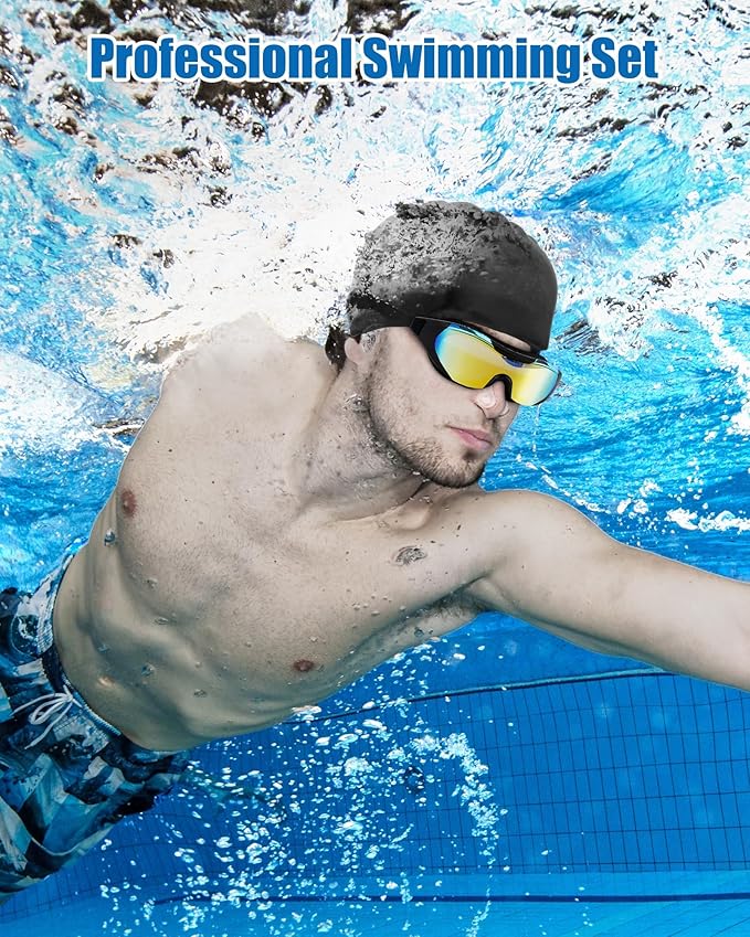 Swim Goggles with Nose Clip, Ear Plugs & Swim Cap, Anti-Fog UV Protection Lens, Leakproof Adjustable Strap for Adult