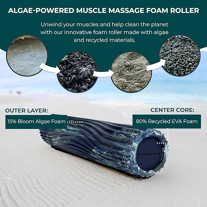 Oceanfoam Tidal Roller - Dark Navy, Hunter & Seafoam Marbled - Muscle Massage Foam Roller for Back Pain & Stretching - Firm & Ergonomic Wide Wave Textured - Yoga & Athletics - Full Size, 20" x 5"