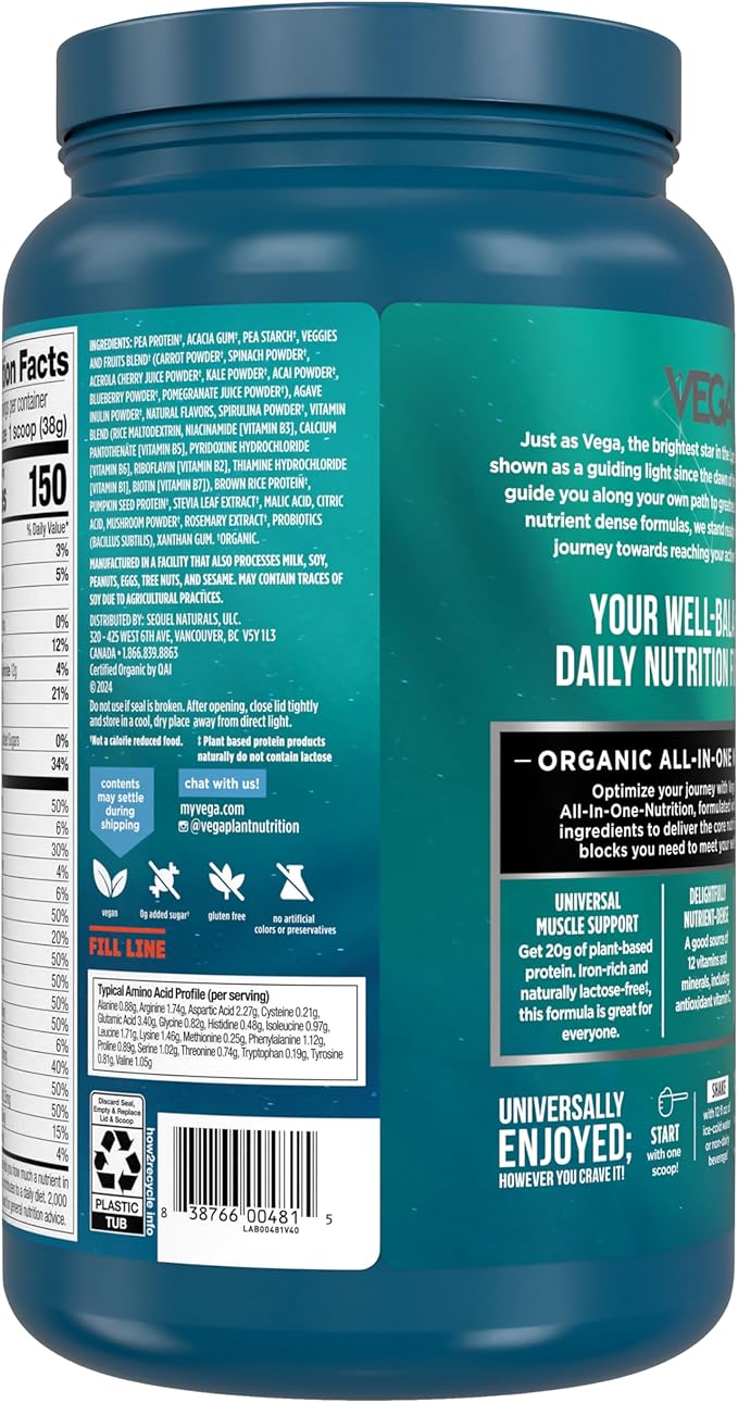 Vega All in One Nutrition Organic - 20g Plant-Based Pea Protein, Berry, 20 Servings, Vitamins A & C, Probiotics, Greens, Vegan, Keto, Gluten Free, 24.3oz (Packaging May Vary)