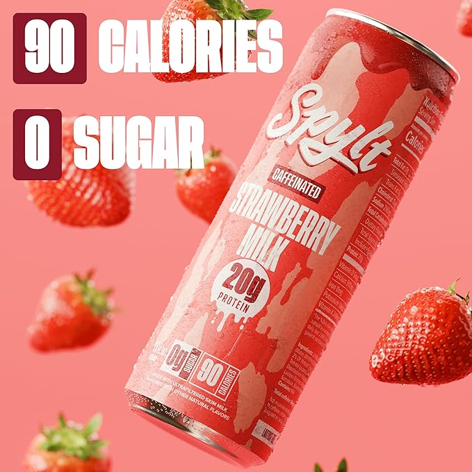 High Protein Strawberry Milk with 60mg Caffeine & 20g Protein - 90 Calories, Ready to Drink, Sugar Free, Lactose Free Milk, Perfect for Workout Recovery & Afternoon Pick Me Up - 12 Count