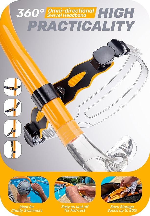 CAPAS Training Swim Snorkel for Lap Swimming, Swivel Headband Ultimate Fit Center-Mount Swimmers Snorkel with Liquid Silicone Mouthpiece Adjustable Strap, Designed for Adult Men Women